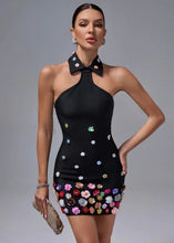 Load image into Gallery viewer, BLACK FLORAL MINI HALTER DRESS